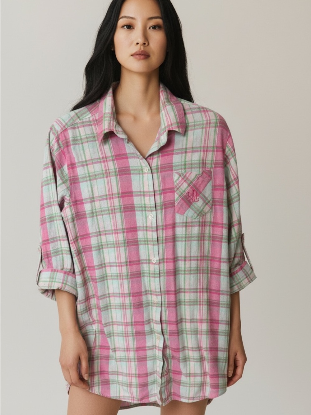 Ralph Lauren Pink & Mint Plaid Button-Front Sleep Shirt